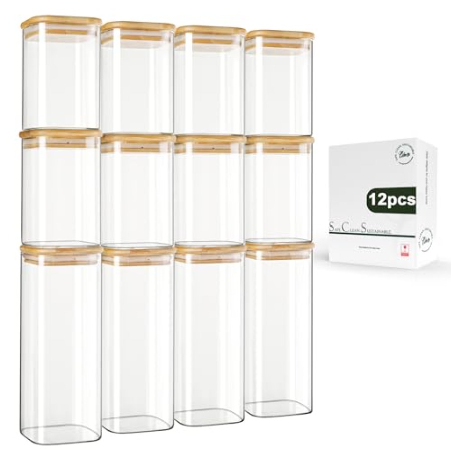 Food Storage Containers - 12-Pack Square Glass Storage Jars with