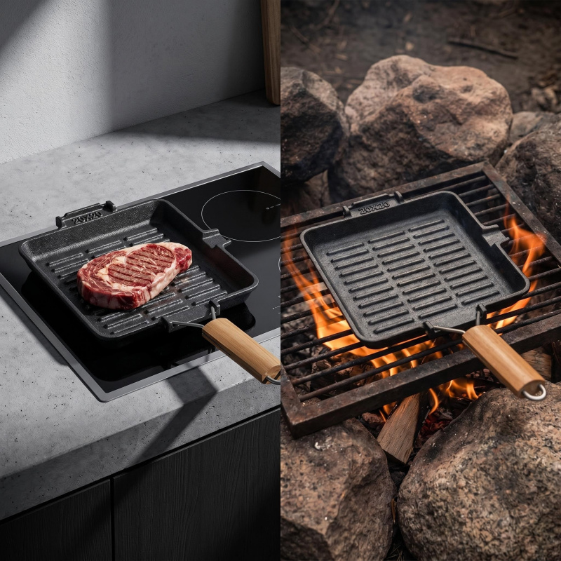 Cast Iron Skillet - Foldable wooden handle Square and round